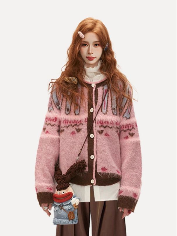 girl Pink Fair Isle Cardigan Coat Women, And Winter, High-End Feel, Lazy Retro Thick Knitted Sweater For Outerwear In Autumn_ecoleips.com