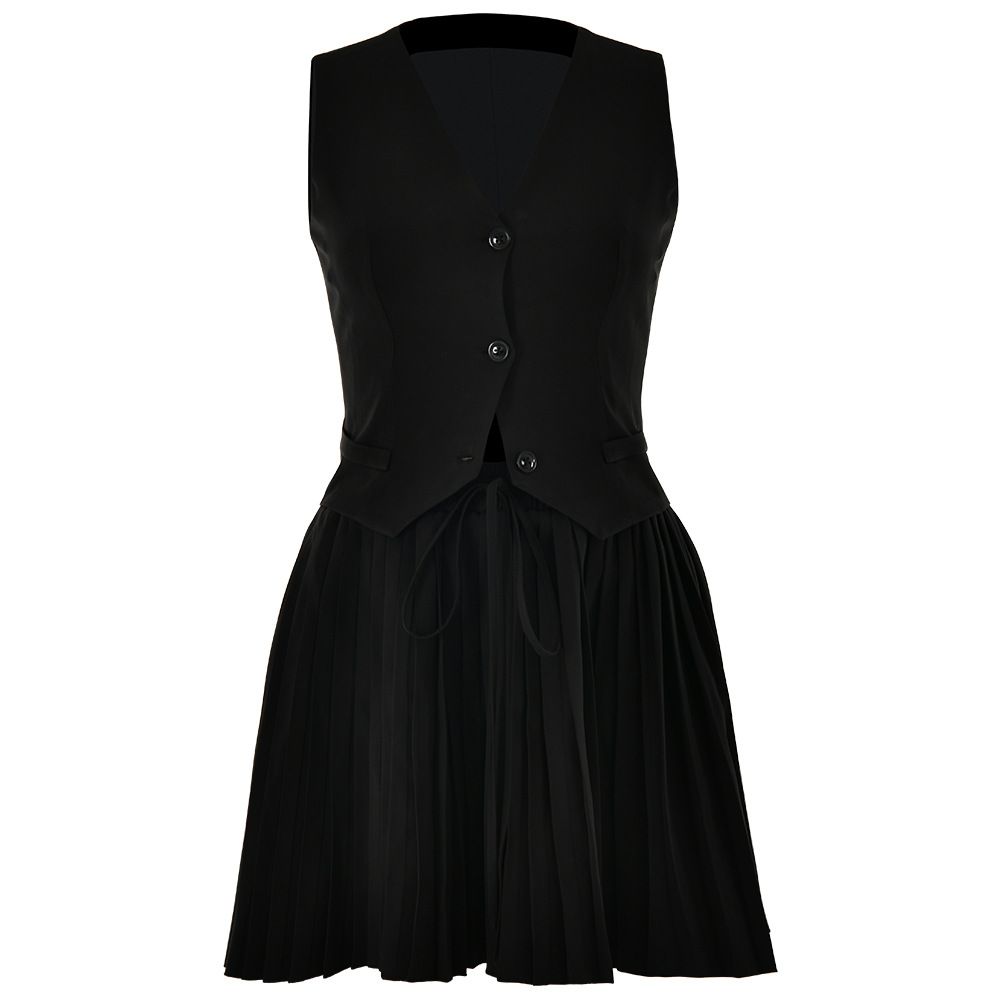 Women's Clothing New Suits Sexy Fashion V Neck Sleeveless Vest Solid Color Pleated Skirt Two Piece Suit_ecoleips.com