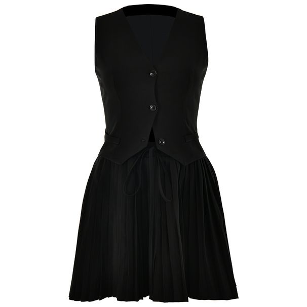 Women's Clothing New Suits Sexy Fashion V Neck Sleeveless Vest Solid Color Pleated Skirt Two Piece Suit_ecoleips.com