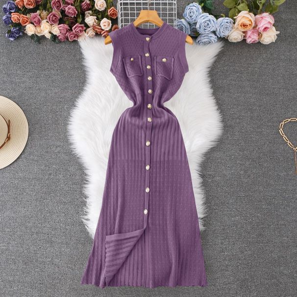 Women's Clothing Waist Dress Round Neck Hook Flower Single Breasted Hollow Swing Sleeveless_ecoleips.com