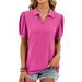 Women's Oversized V-Neck Polo Shirt Puff Sleeves Summer Knit Top Breathable Cotton Blend_ecoleips.com