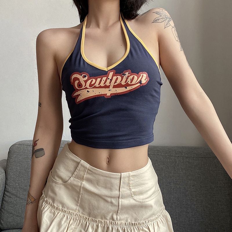 Women's Sexy Halter Neck Summer Top With Letter Print, Streetwear Fashion Stretch Polyester Cropped Fit_ecoleips.com