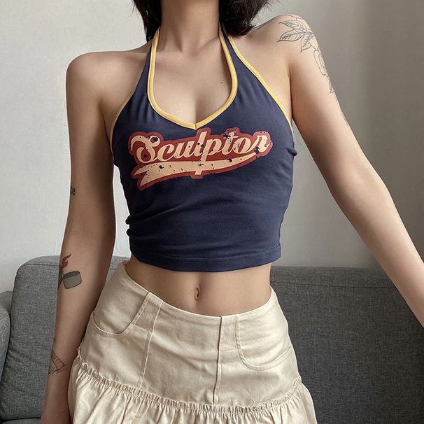 Women's Sexy Halter Neck Summer Top With Letter Print, Streetwear Fashion Stretch Polyester Cropped Fit_ecoleips.com