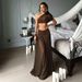 Women's Brown Bodycon Off-Shoulder Mesh Panel Mini Dress, Stretchy Sleeveless Cocktail Bodycon Dress_ecoleips.com