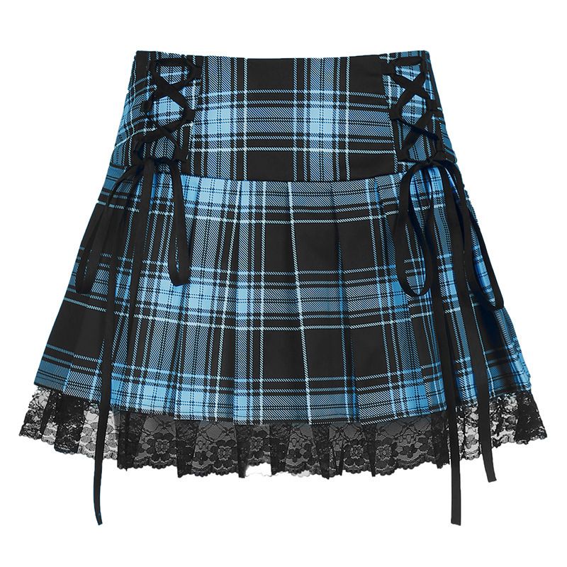 Women's Plaid Mini Skirt Cross Strap Lace Pleated New Style Spicy Girl Subculture Skirt For Autumn Winter_ecoleips.com