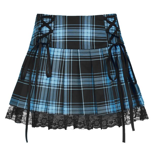 Women's Plaid Mini Skirt Cross Strap Lace Pleated New Style Spicy Girl Subculture Skirt For Autumn Winter_ecoleips.com