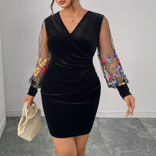 Women's Clothing Plus Size Clothes "Sleek V-Neck Velvet Bodycon Dress High Waist Long Sleeve Printed Dress, Elegant & Sexy Fit"_ecoleips.com