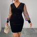 Women's Clothing Plus Size Clothes "Sleek V-Neck Velvet Bodycon Dress High Waist Long Sleeve Printed Dress, Elegant & Sexy Fit"_ecoleips.com