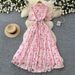French Style Floral Print Long Dress Summer V Neck Waist Cinching A Line Skirt Slimming Elegant Women's Dress_ecoleips.com