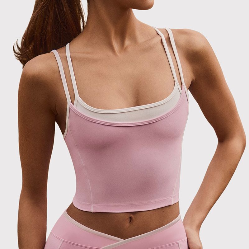 Women's Fitness Top Color Block Faux Two Piece Halter Neck Sports Bra Sexy Thin Straps Yoga Wear Vest_ecoleips.com
