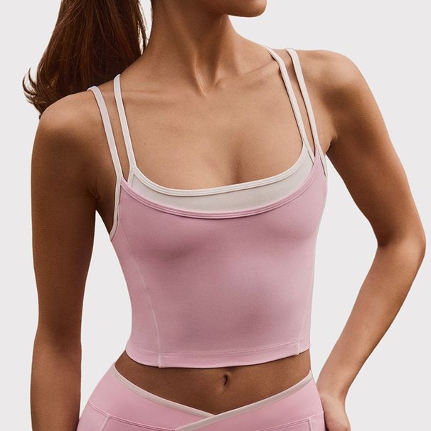 Women's Fitness Top Color Block Faux Two Piece Halter Neck Sports Bra Sexy Thin Straps Yoga Wear Vest_ecoleips.com