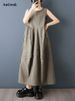 Khaki Vintage Patchwork Sleeveless Summer New Dresses For Woman Korean Fashion Loose Casual Long Dress Elegant Clothing 2026_ecoleips.com