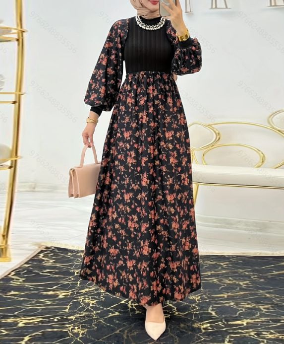 Women's Clothing Ladies Knitted Flower Print Fashion Temperament Elegant Dress_ecoleips.com