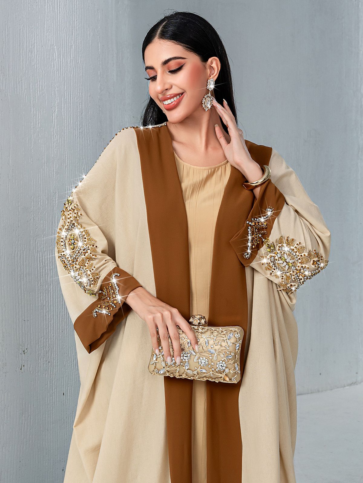 Ladies Middle Eastern Muslim Contrast Color Jacket Fashion Solid Color Abaya Dress_ecoleips.com