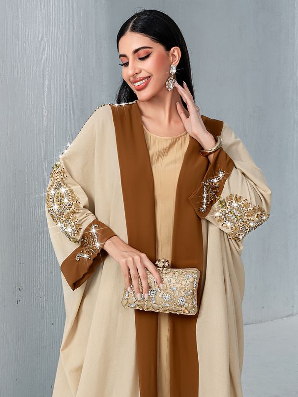 Ladies Middle Eastern Muslim Contrast Color Jacket Fashion Solid Color Abaya Dress_ecoleips.com