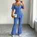 off Shoulder Faux Denim Two Piece Set Pure Alluring High Waisted Ruffled Top And High Waisted Flared Pants Women's Clothing_ecoleips.com