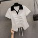 Women's Clothing Fashion Slim Irregular Drawstring Contrast Color T Shirt Top_ecoleips.com