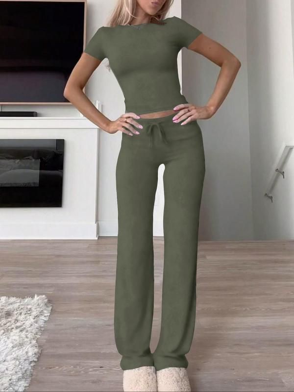 Spring Women's Two-piece Set 2025 New Casual Suit Short Sleeved Slim Fit Top Long Pants Home Wear Sportswear Yoga Wear For Women_ecoleips.com
