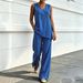 European And American Women's Casual V-neck Sleeveless Cotton And Linen Top And Wide Leg Pants_ecoleips.com