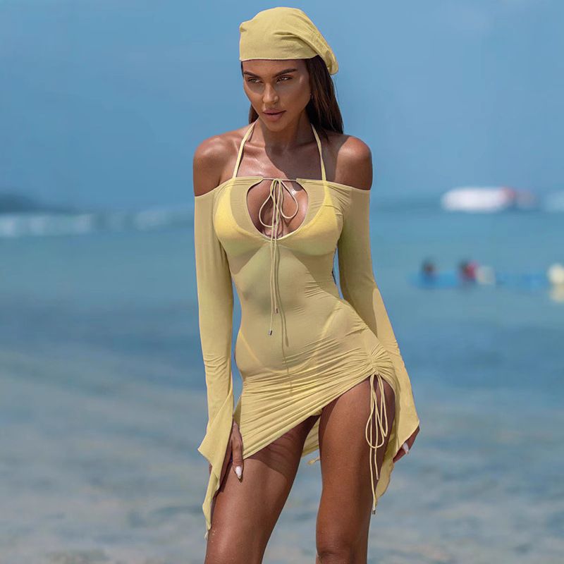Women's Tie-Up One-Shoulder Long-Sleeved Slim-Fit Beach Dress See through Sexy Bodycon Style European American New Fashion 2025_ecoleips.com