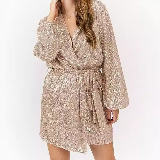 Women's Clothing V Neck Long Puff Sleeves Glitter Wrap Party Outfit_ecoleips.com