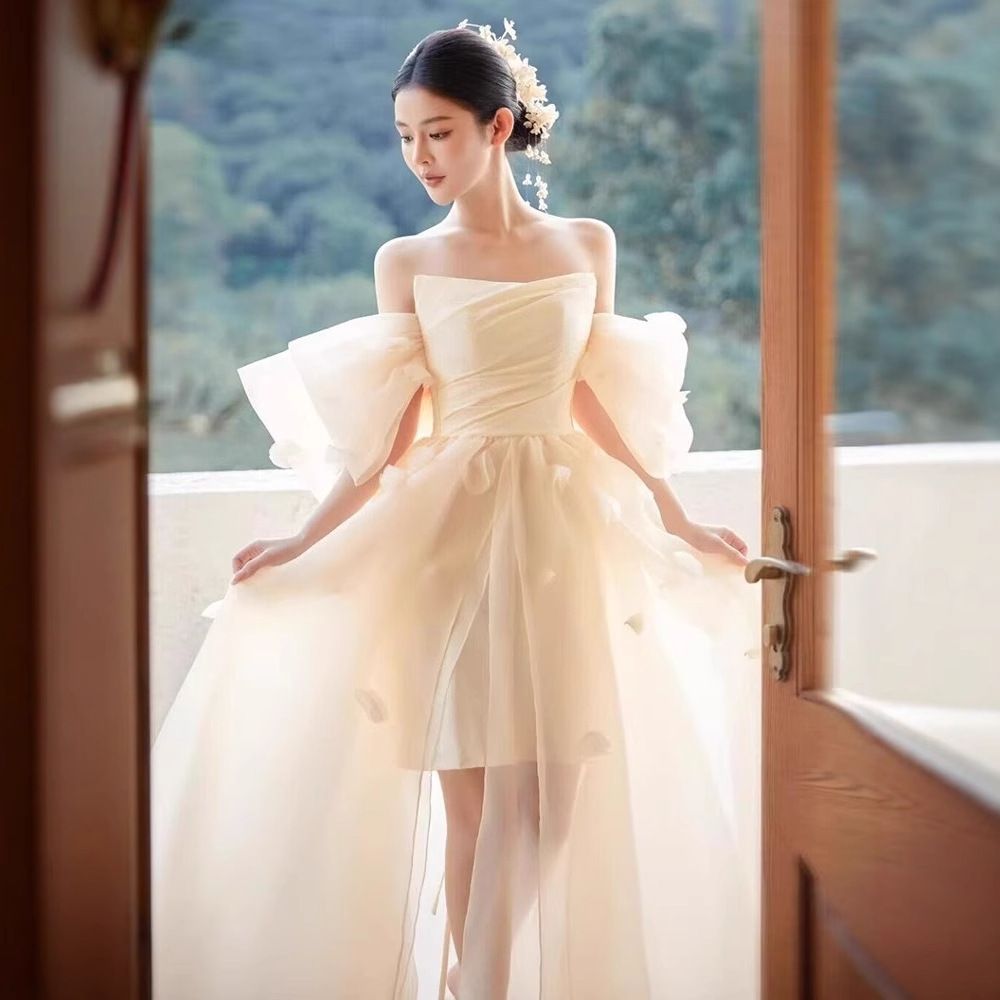 Korean Version Fairy Temperament Off-Shoulder Dress 2026 Bride Wedding Morning High-End Outdoor Travel Shoot Marriage_ecoleips.com