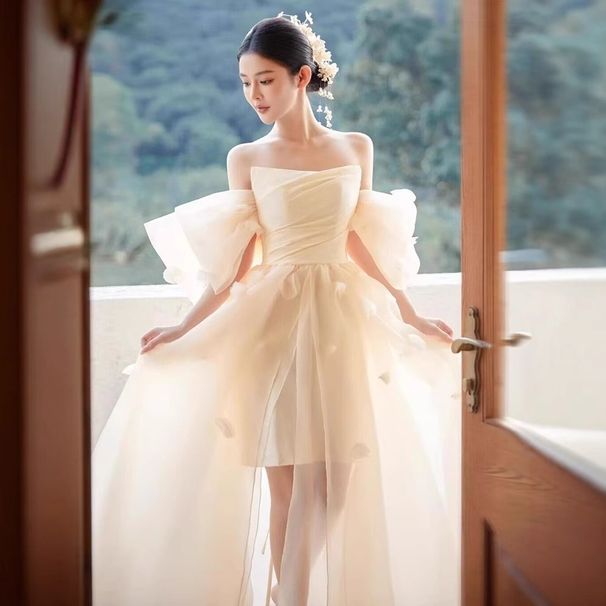 Korean Version Fairy Temperament Off-Shoulder Dress 2026 Bride Wedding Morning High-End Outdoor Travel Shoot Marriage_ecoleips.com