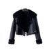 Aria Basics European And American Black Shearling Short Coat For Women, New Thickened Warm Cold-Proof Motorcycle Style Jacket_ecoleips.com