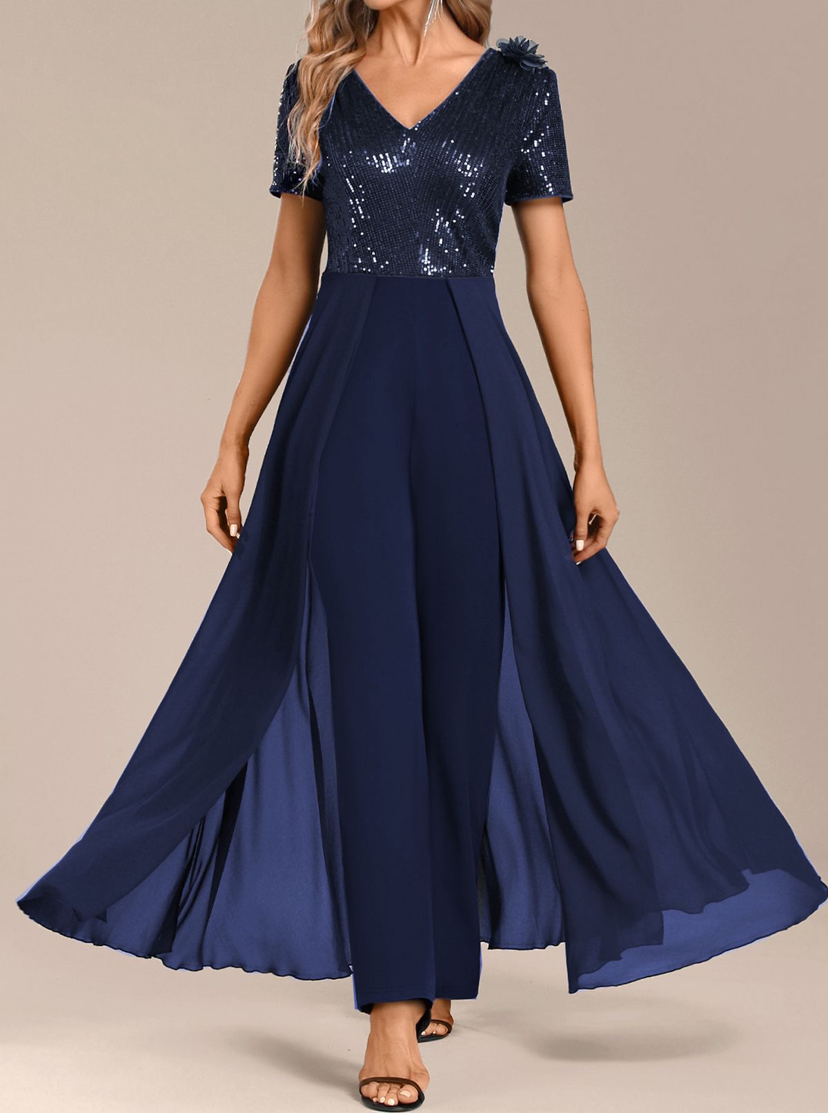 Women's Clothing Pure Color Temperament Chiffon Sequin Stitching Jumpsuit_ecoleips.com