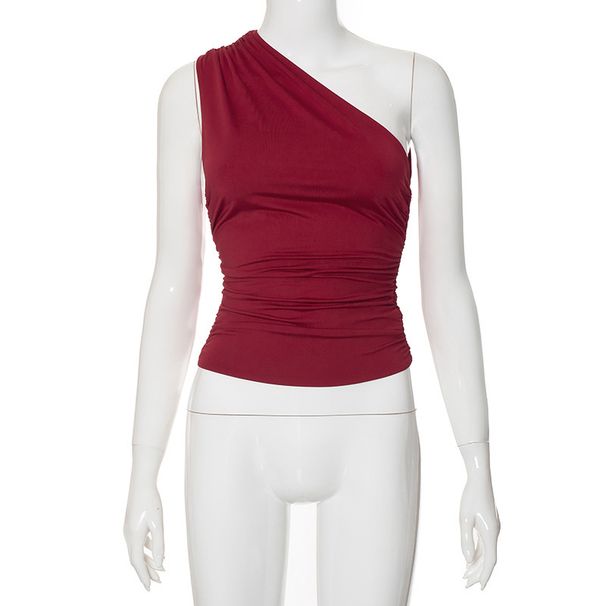 Y23TP703 European And American Women's Clothing, New Winter Solid Color One-shoulder Backless Ruched Tank Top_ecoleips.com