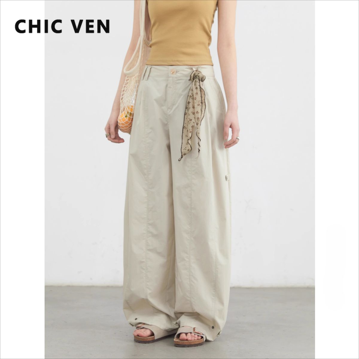 CHIC VEN Women's Pants Solid Loose High Waist Slim Wide Leg Trousers Casual Thin Female Sport Pant Spring Summer 2025_ecoleips.com