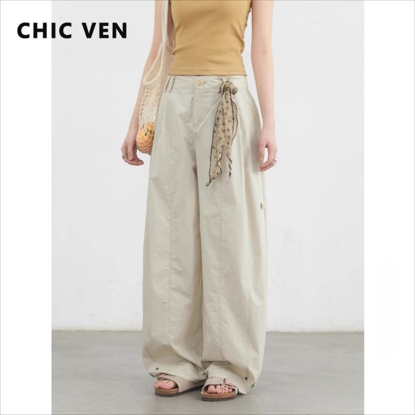 CHIC VEN Women's Pants Solid Loose High Waist Slim Wide Leg Trousers Casual Thin Female Sport Pant Spring Summer 2025_ecoleips.com