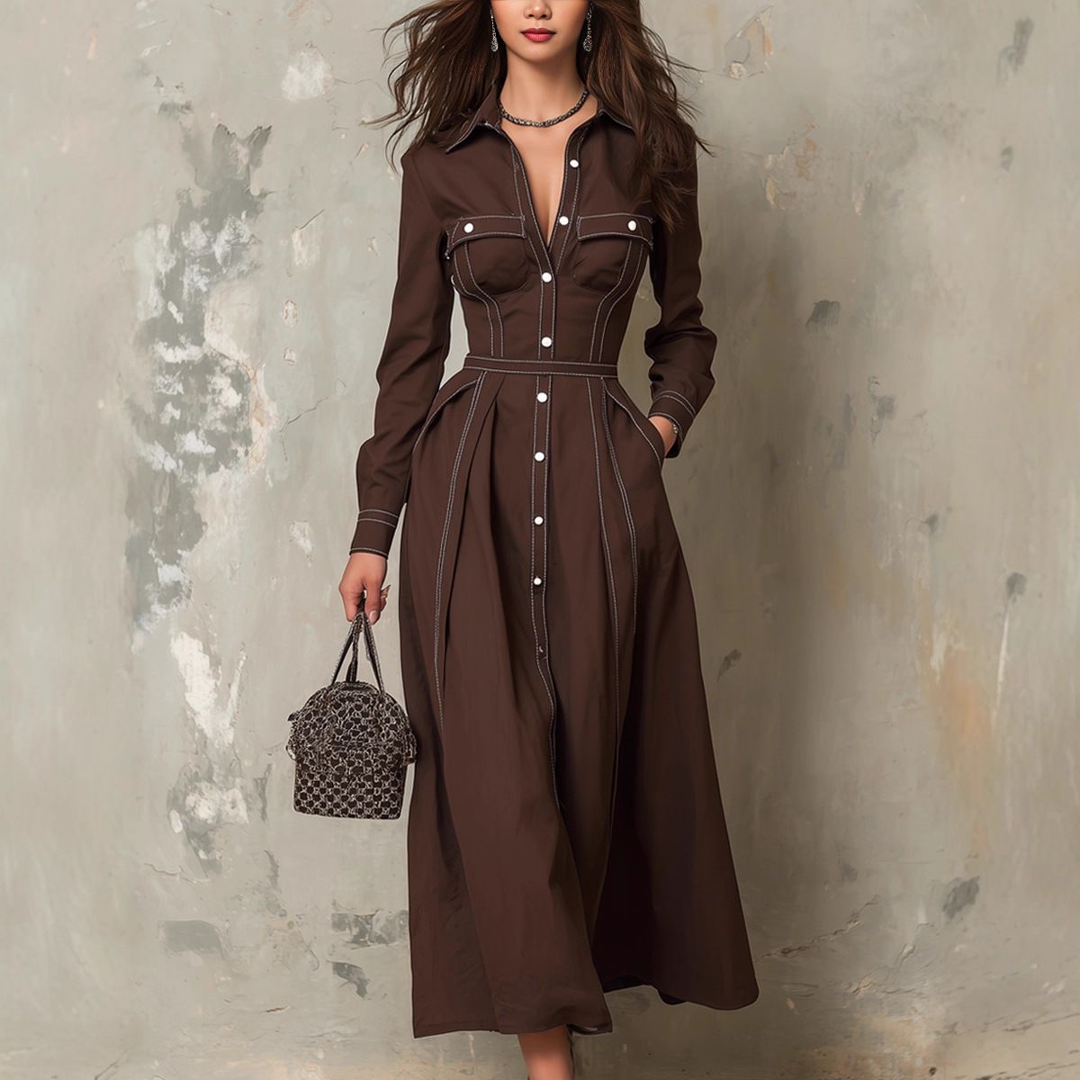 Vintage-Inspired A-Line Dress With Waist Seam Detailing – Long Sleeve Retro Dress For Women (S-XL)_ecoleips.com