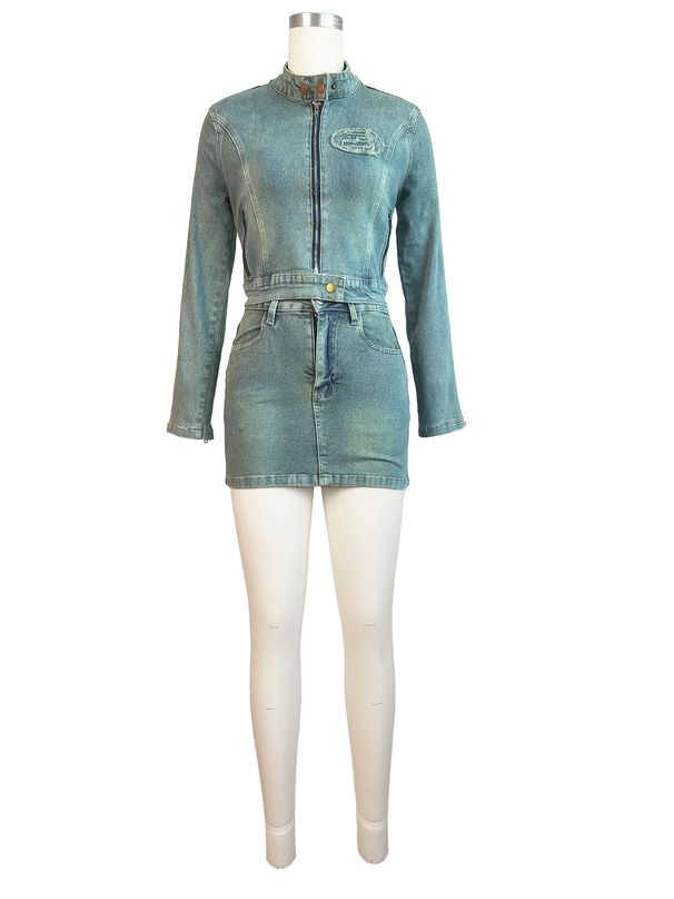 Women's Stretch Denim Two Piece Suit HR88018 European American Style Cross Border Fashion Digital Logo Patch Embroidered Dress_ecoleips.com