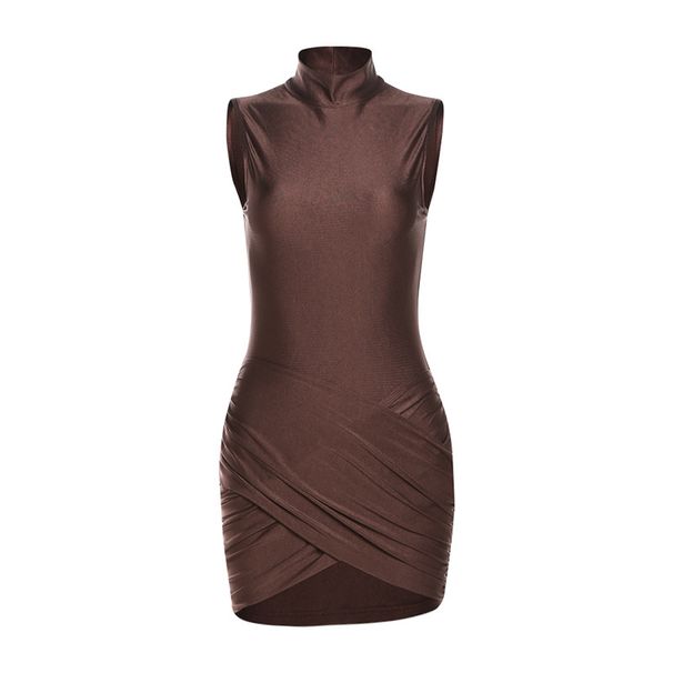 Women's Clothing Temperament Pure Desire Slim High Collar Solid Color Pleated Hip Dress_ecoleips.com