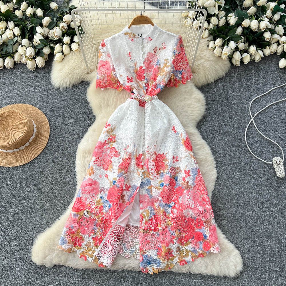 French Style Retro Lace Print Dress, Women's Hollow Out High Waisted A Line Long Skirt, Elegant And Classy._ecoleips.com