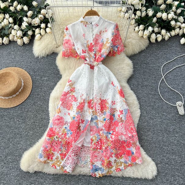 French Style Retro Lace Print Dress, Women's Hollow Out High Waisted A Line Long Skirt, Elegant And Classy._ecoleips.com