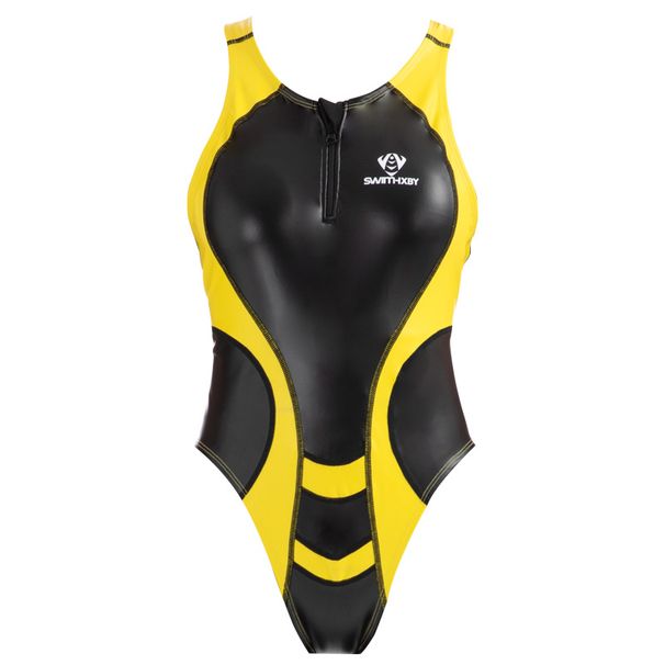 Sexy Women's PU Leather Leotards Patchwork One Piece Swimwear Suits, Matte Front Zipper Bodysuit, Japanese Bathing Suits_ecoleips.com