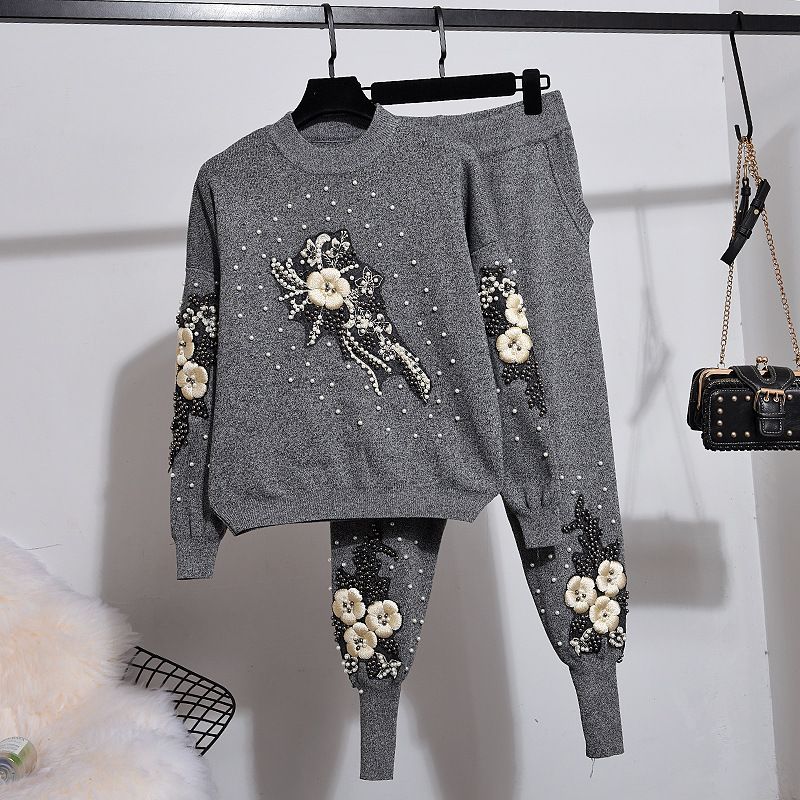 Floral Knit Sweater & Skinny Pants Set – Elegant Two-Piece Outfit (S-XL) | Korean-Inspired Chic_ecoleips.com