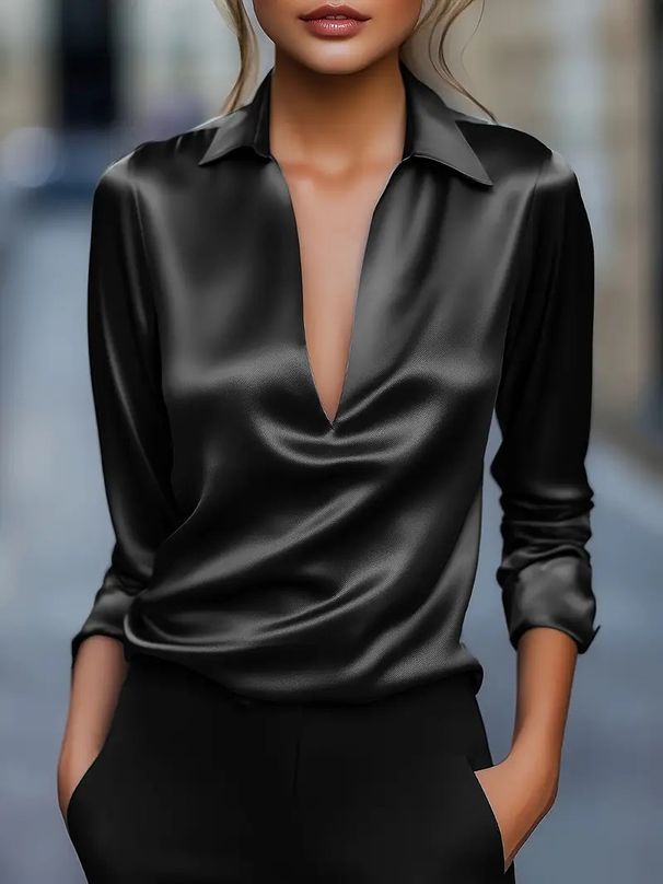 A Simple V-Neck Long-Sleeved Shirt With A Solid Color For Autumn Style, Suitable For Women_ecoleips.com