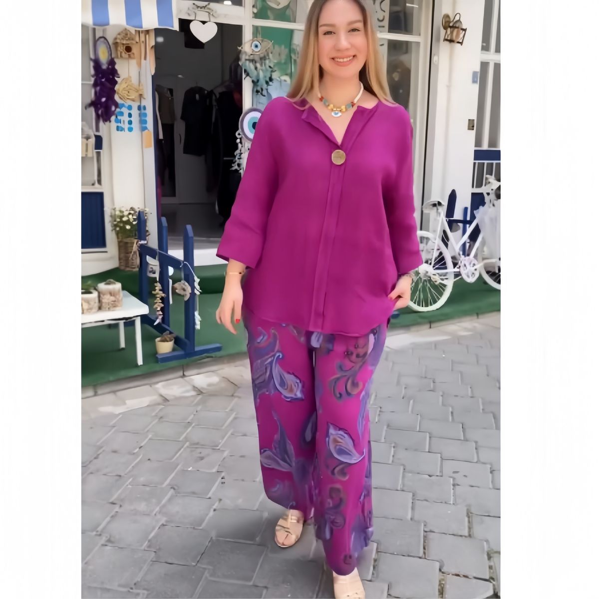 Women’s Clothing autumn fashion loose cotton and linen long sleeved tops casual printed straight pants two piece set_ecoleips.com