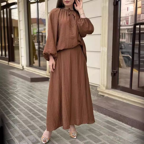Women's Clothing Set 2025 Spring New Muslim Style Puff Sleeve Loose Top With Flared Skirt_ecoleips.com