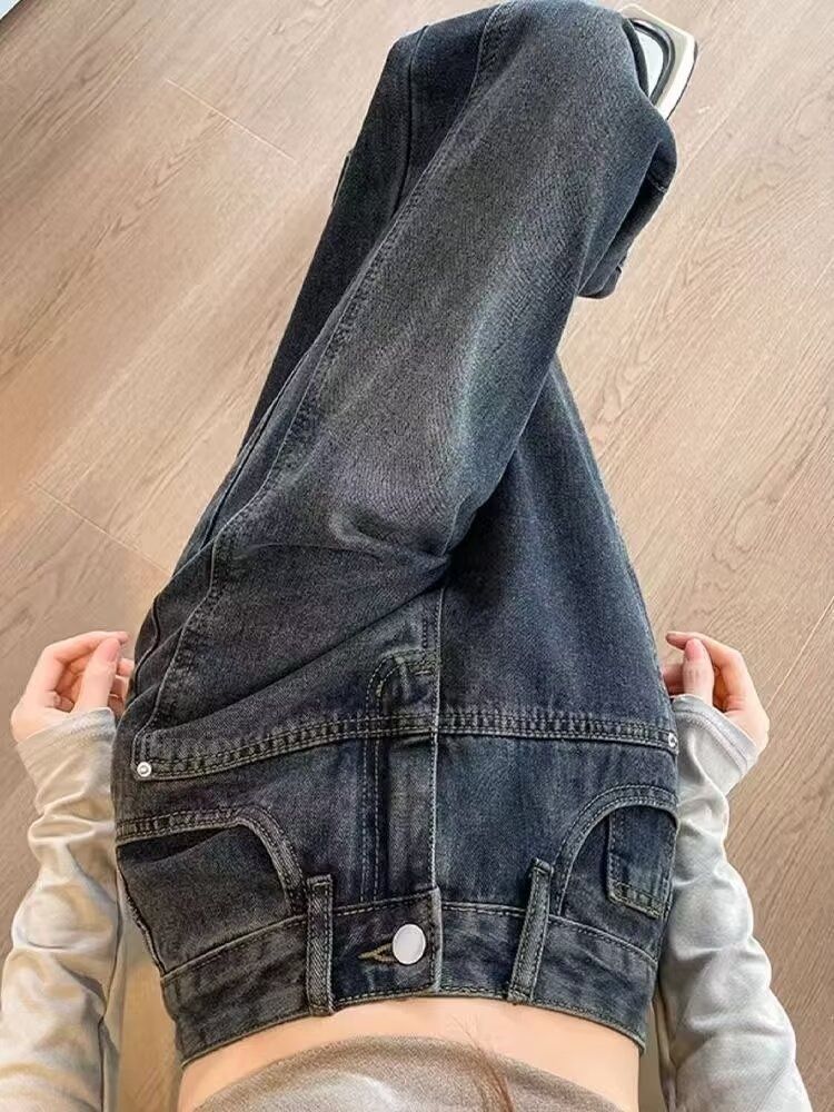 American-style High-end Petite Women's Jeans, Size 150, Fleece-lined, Black And Gray, Wide-leg, Loose-fitting, Slimming,_ecoleips.com