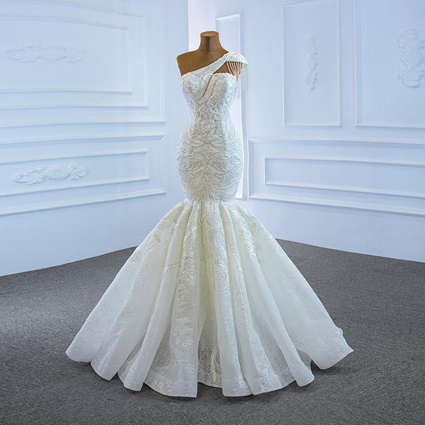 Women's Clothing Fishtail Wedding Dress Fishtail New Bride Wedding One Shoulder Outing Yarn Slim Temperament Ceremony Yarn_ecoleips.com