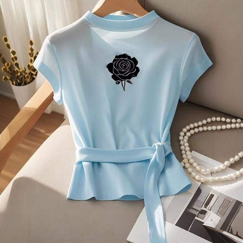 Women's Clothing Summer Unique Sweet Hot Girl Slim Ice Silk Knit Top Design Small Super Beautiful Short Sleeve Women_ecoleips.com