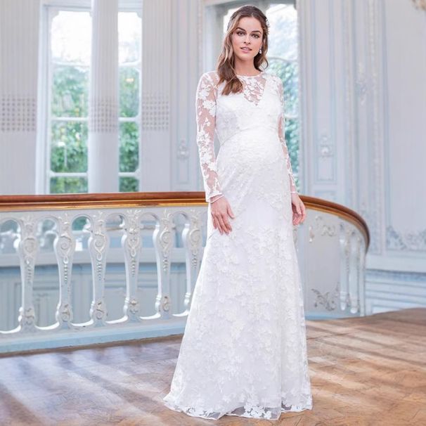Maternity Wedding Dress European American Style Lace Long Sleeves V Back Puffy Skirt Maternity Dress_ecoleips.com