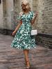 Women's Spring/Summer Short Sleeve V Neck Dress Leaf Print Full Skirt Waist Cinching Fairy Dress_ecoleips.com