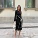 WG069 Spring Elegant Slanted Collar Contrast Color Trim Ribbed Tie Waist Slimming Long Sleeve Knit Dress For Women_ecoleips.com