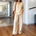 Women's V-Neck Long Sleeve Top And Pants Set Washed Cotton Comfortable Outfit Multiple Colors Available_ecoleips.com