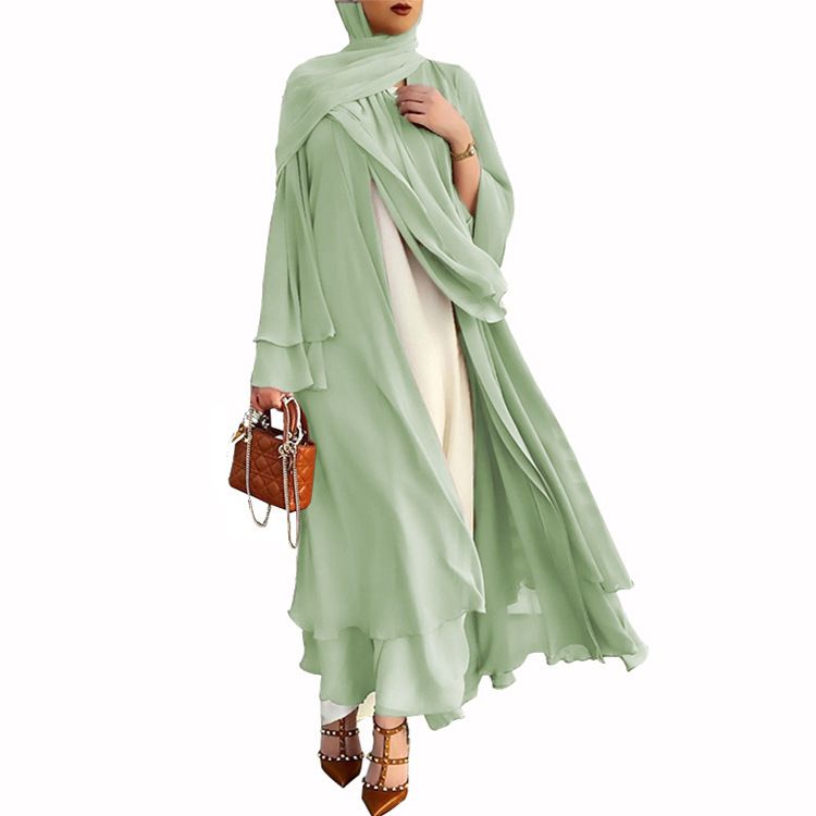 Muslim Dress Women Elegant Chiffon Layered Kimono Dress With Flared Sleeves – Solid Color A-Line Maxi Dress For Women_ecoleips.com
